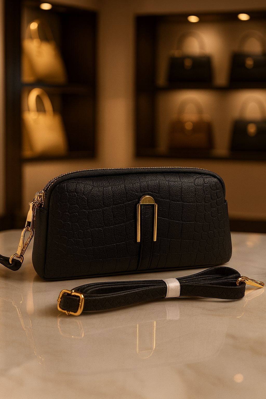 TRENDBUY Premium Croco PU Sling Bag in Classic Black, timeless and chic.