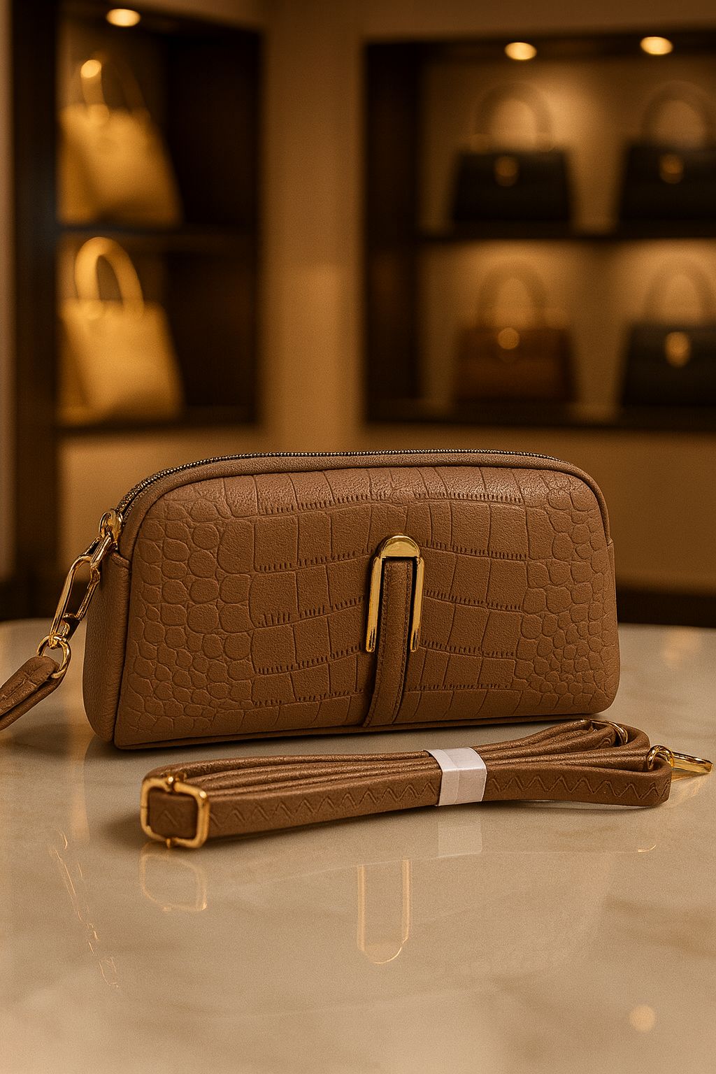 TRENDBUY Premium Croco PU Sling Bag in Rich Brown, displaying the fine craftsmanship.