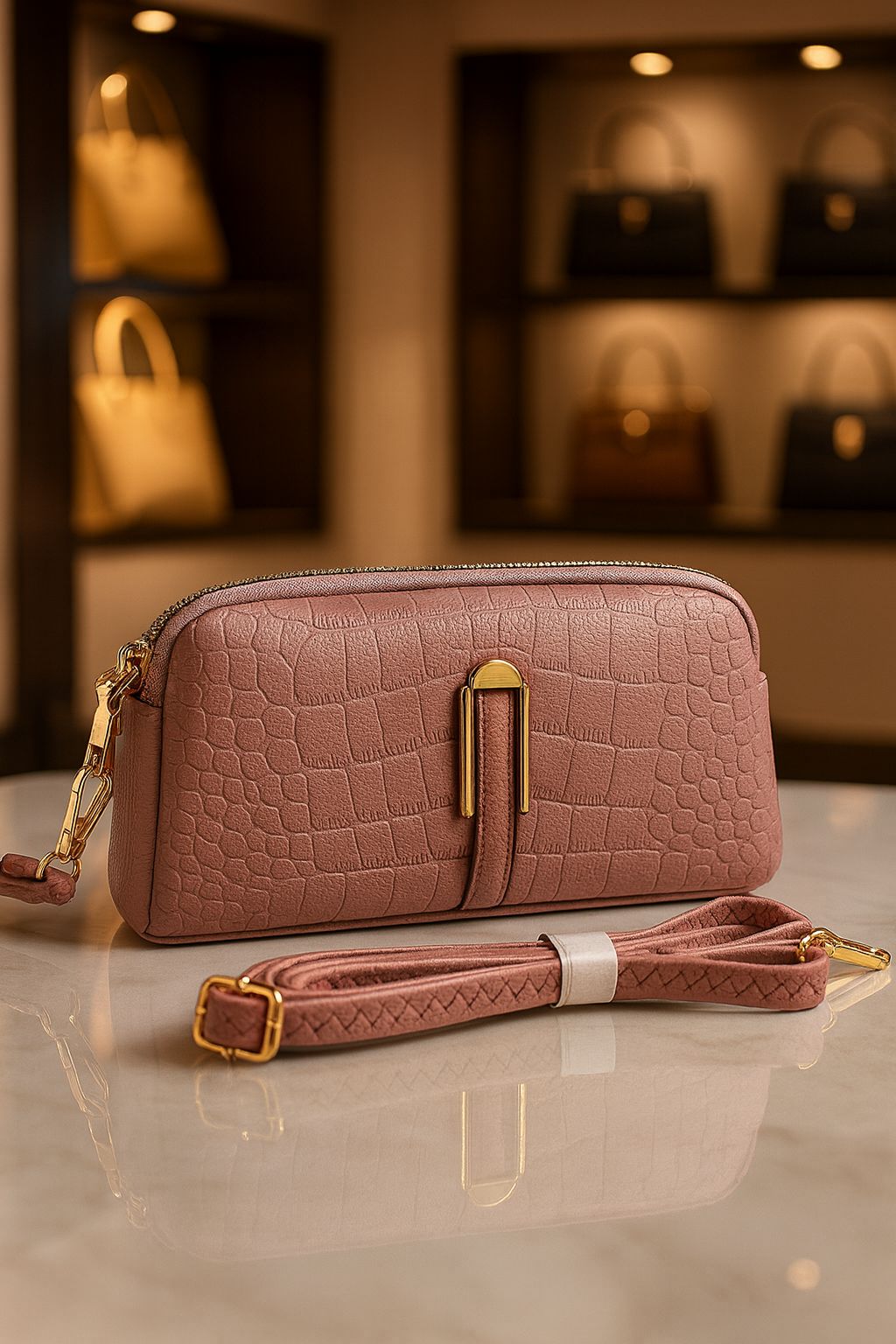 TRENDBUY Premium Croco PU Sling Bag in Dusty Rose, a soft and feminine choice.