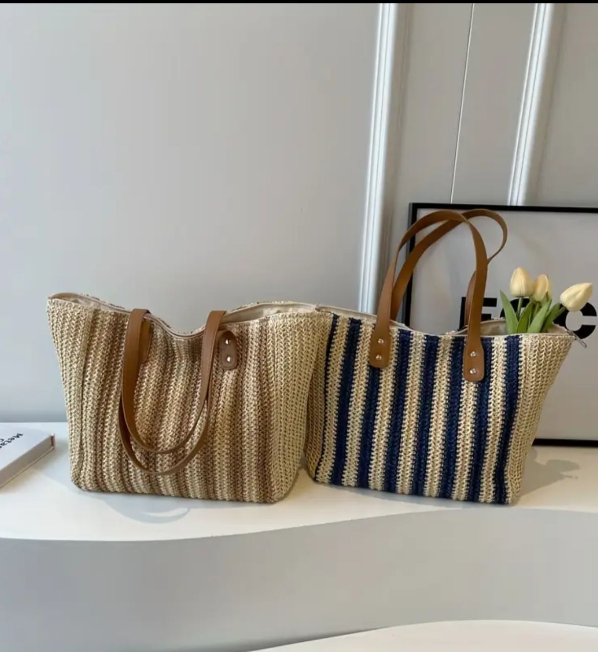Two stylish jute tote bags side-by-side, one khaki striped and one blue striped, highlighting both color options.