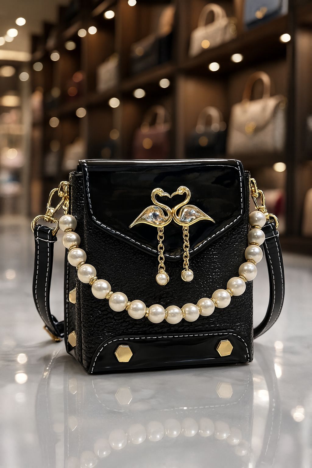 TRENDBUY black crocodile texture sling bag with glossy flap, pearl handle, and golden swan keychain detail