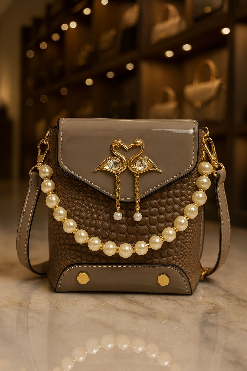 TRENDBUY taupe grey crocodile texture sling bag with glossy flap, pearl handle, and golden swan keychain on a marble surface