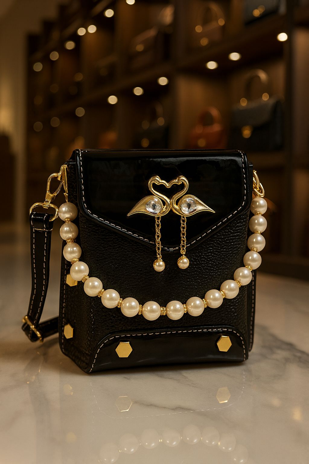 TRENDBUY black crocodile texture sling bag showing fine stitching, pearl handle, and intricate golden swan charm