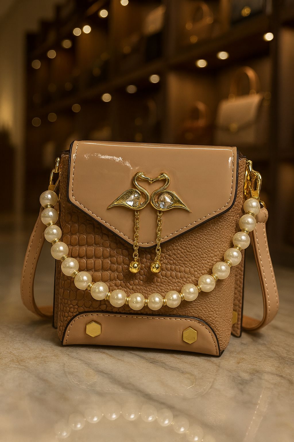 TRENDBUY nude beige crocodile texture sling bag with glossy flap, pearl handle, and golden swan keychain, elegant and versatile