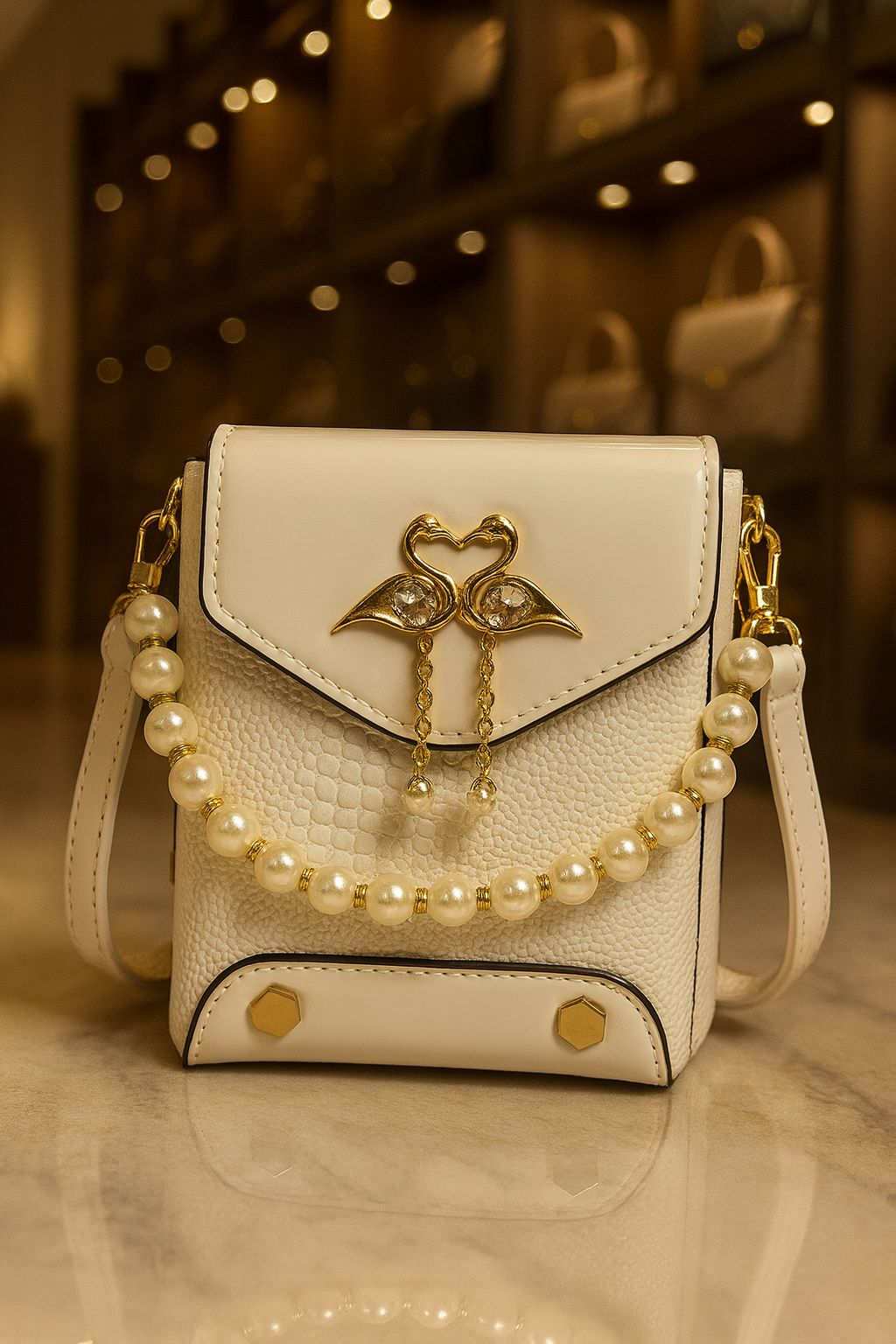 TRENDBUY pristine white crocodile texture sling bag with glossy flap, pearl handle, and shimmering golden swan keychain