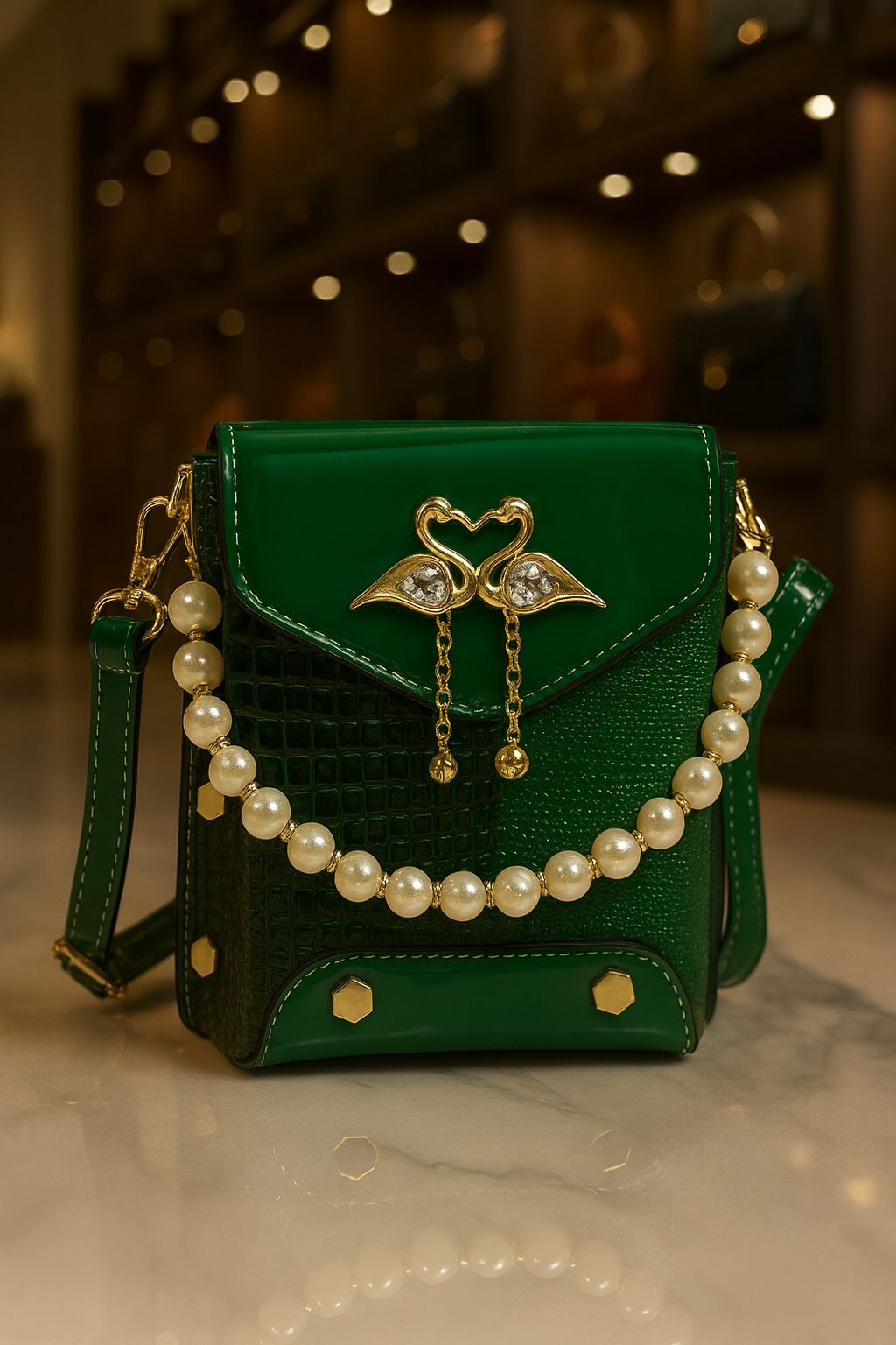 TRENDBUY vibrant green crocodile texture sling bag with glossy flap, pearl handle, and golden swan keychain, a bold fashion statement