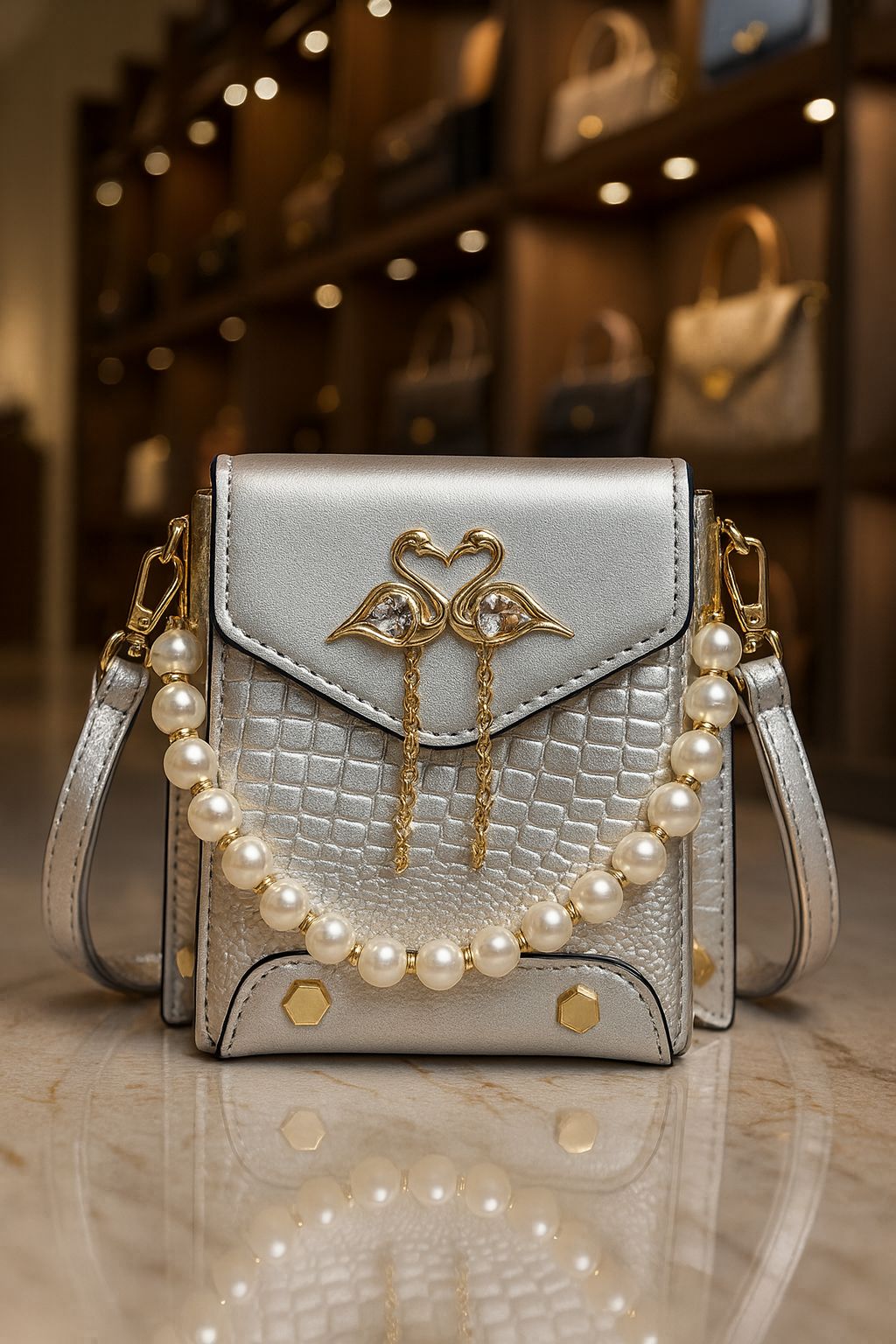 TRENDBUY glamorous silver crocodile texture sling bag with glossy flap, pearl handle, and golden swan keychain for a sophisticated look
