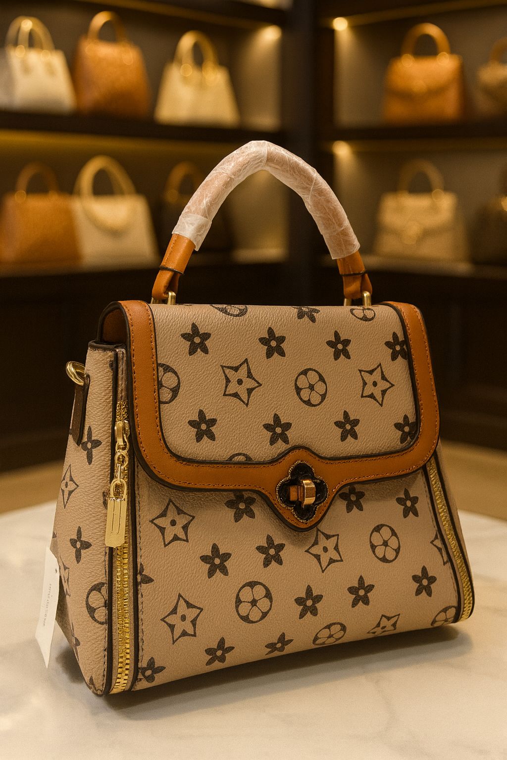 TRENDBUY Premium Designer Sling Bag in beige with distinctive star and circle pattern, featuring a top handle and gold hardware.