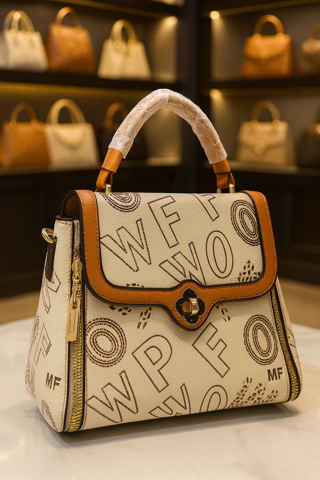 TRENDBUY elegant sling bag in cream with bold 'WPF WO MF' lettering pattern, showcasing its structured design and side zippers.