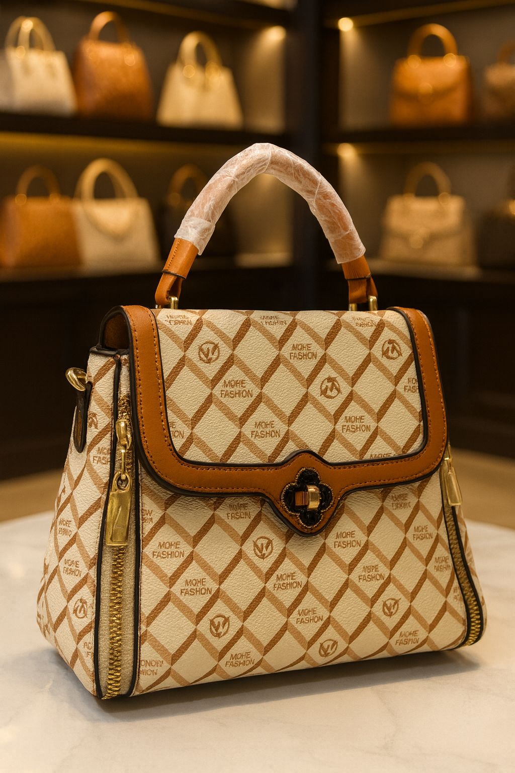TRENDBUY chic sling bag in beige and brown checkered pattern with 'MORE FASHION' text, highlighting the intricate details and secure clasp.
