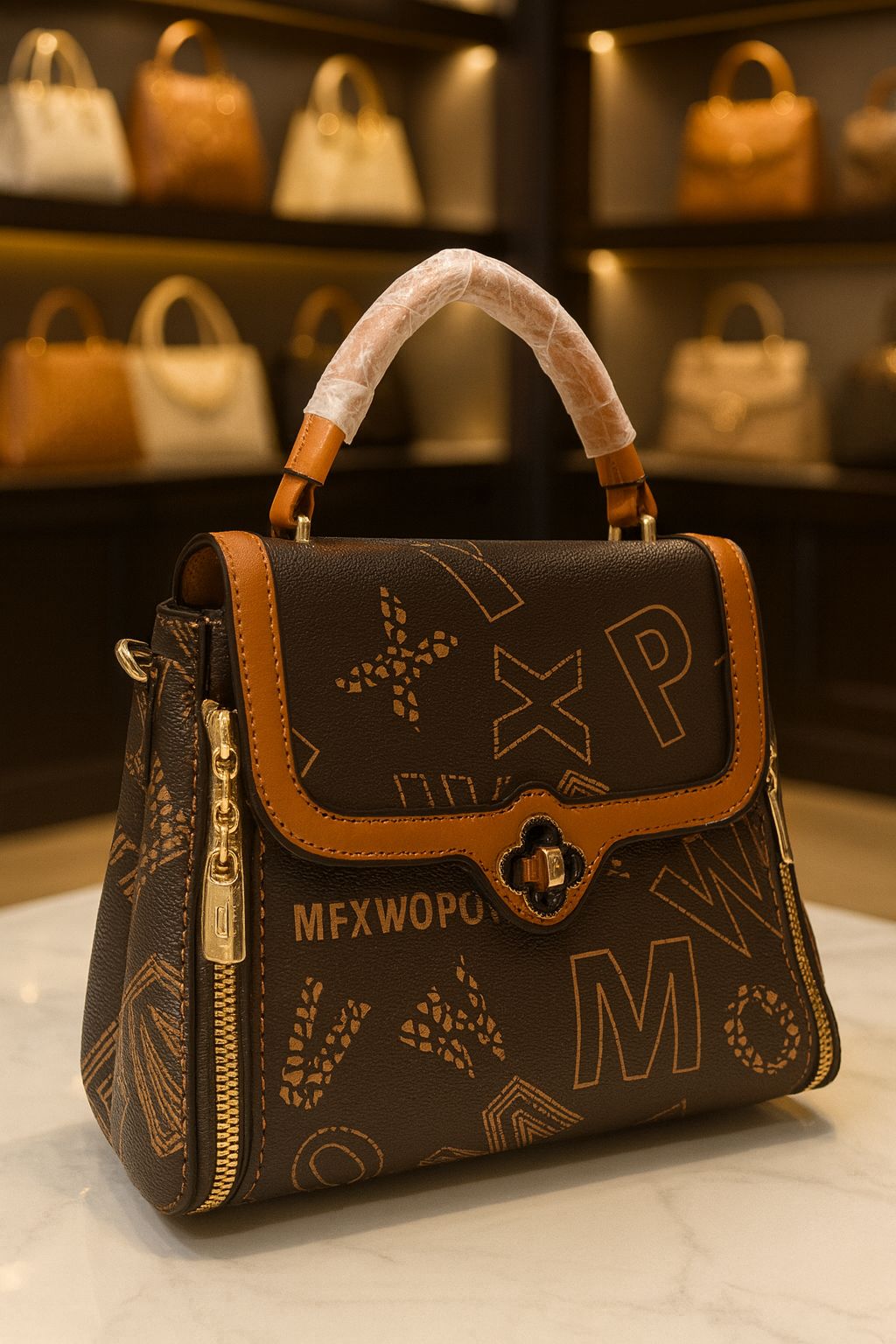 TRENDBUY sophisticated dark brown sling bag adorned with unique abstract letter and symbol patterns, ideal for a bold fashion statement.