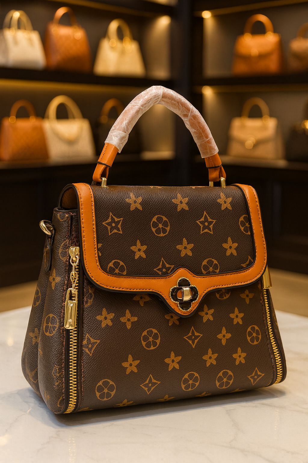 TRENDBUY classic dark brown sling bag with a timeless star and circle pattern, displaying its versatile carry options and premium look.