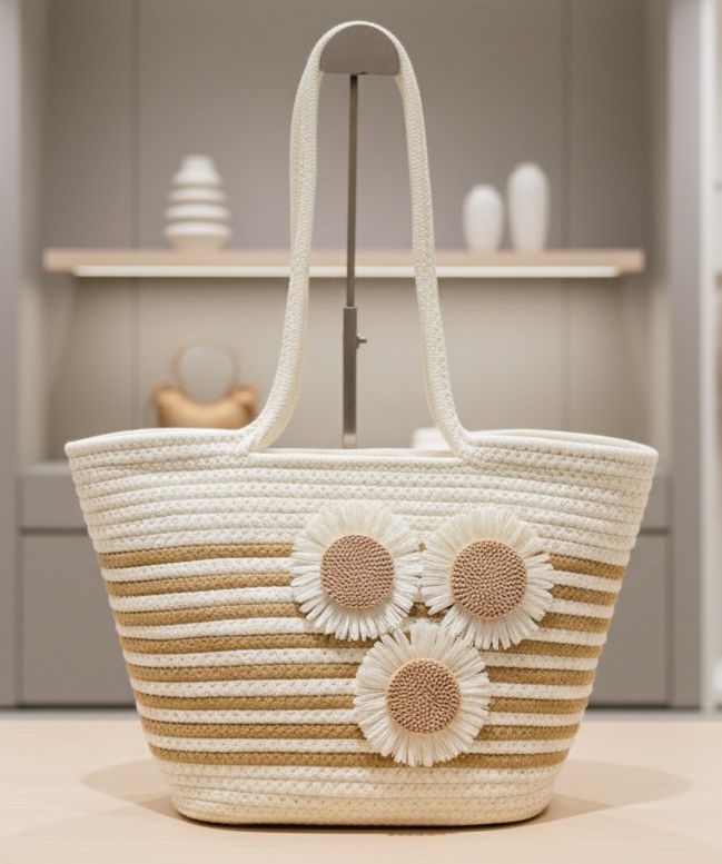 TRENDBUY Sunflower Tote Bag with tan/gold stripes and braided handles, displayed against a soft background.