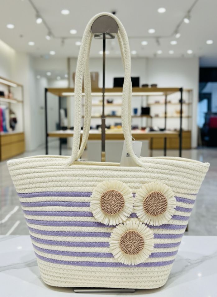 TRENDBUY Fashion Tote Bag with lavender purple stripes and decorative sunflower details, full front view.