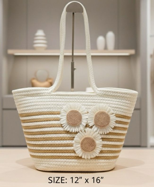 TRENDBUY Sunflower Tote Bag with tan/gold stripes, showcasing its approximate size of 12 by 16 inches.