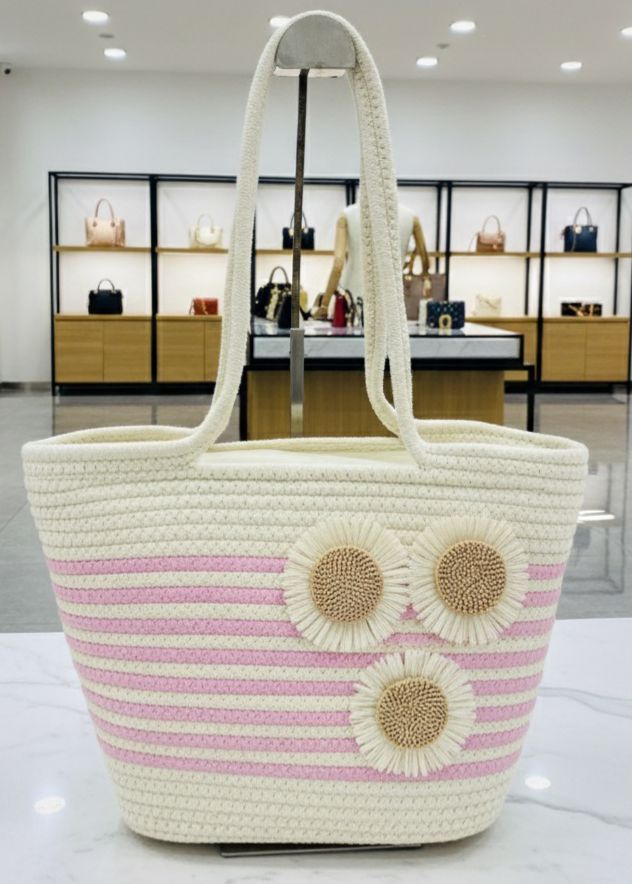 TRENDBUY Women's Handbag with pink stripes and charming sunflower appliques, perfect for summer fashion.