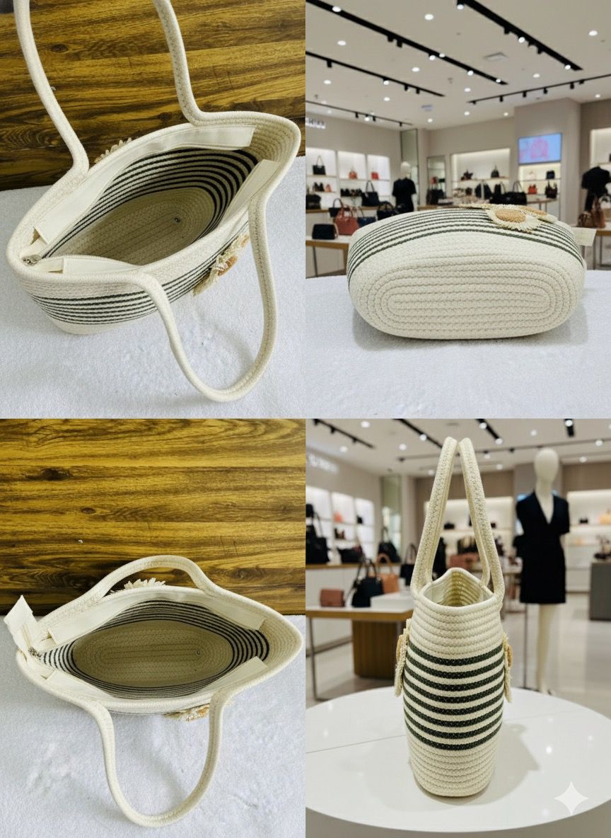 Collage of TRENDBUY Sunflower Tote Bag showing interior view, oval base, and side profile with black stripes.