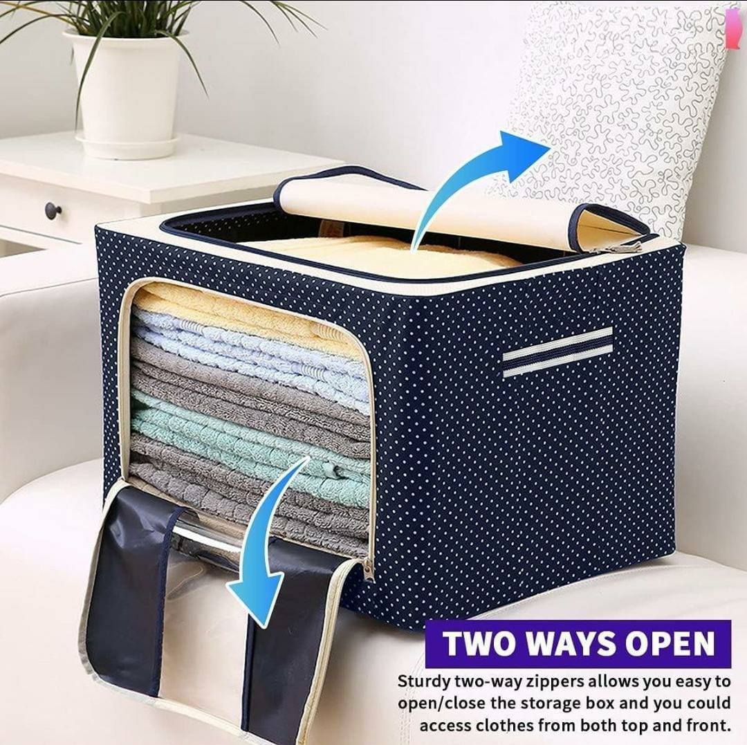 Informational image: Dark blue polka dot storage box with folded towels, illustrating 'TWO WAYS OPEN' feature with arrows.