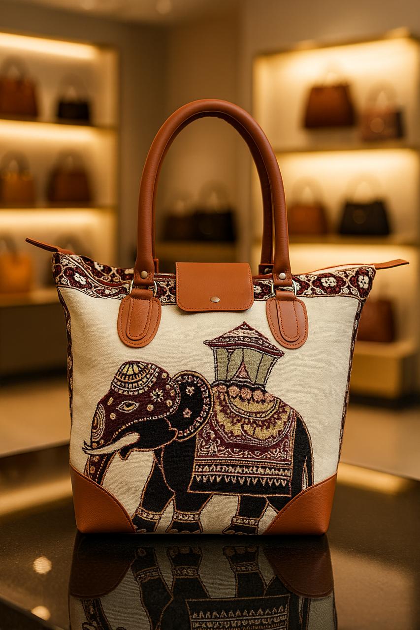 TRENDBUY cream canvas tote bag with a striking black elephant design carrying a decorative canopy, detailed with traditional patterns and sturdy brown handles.