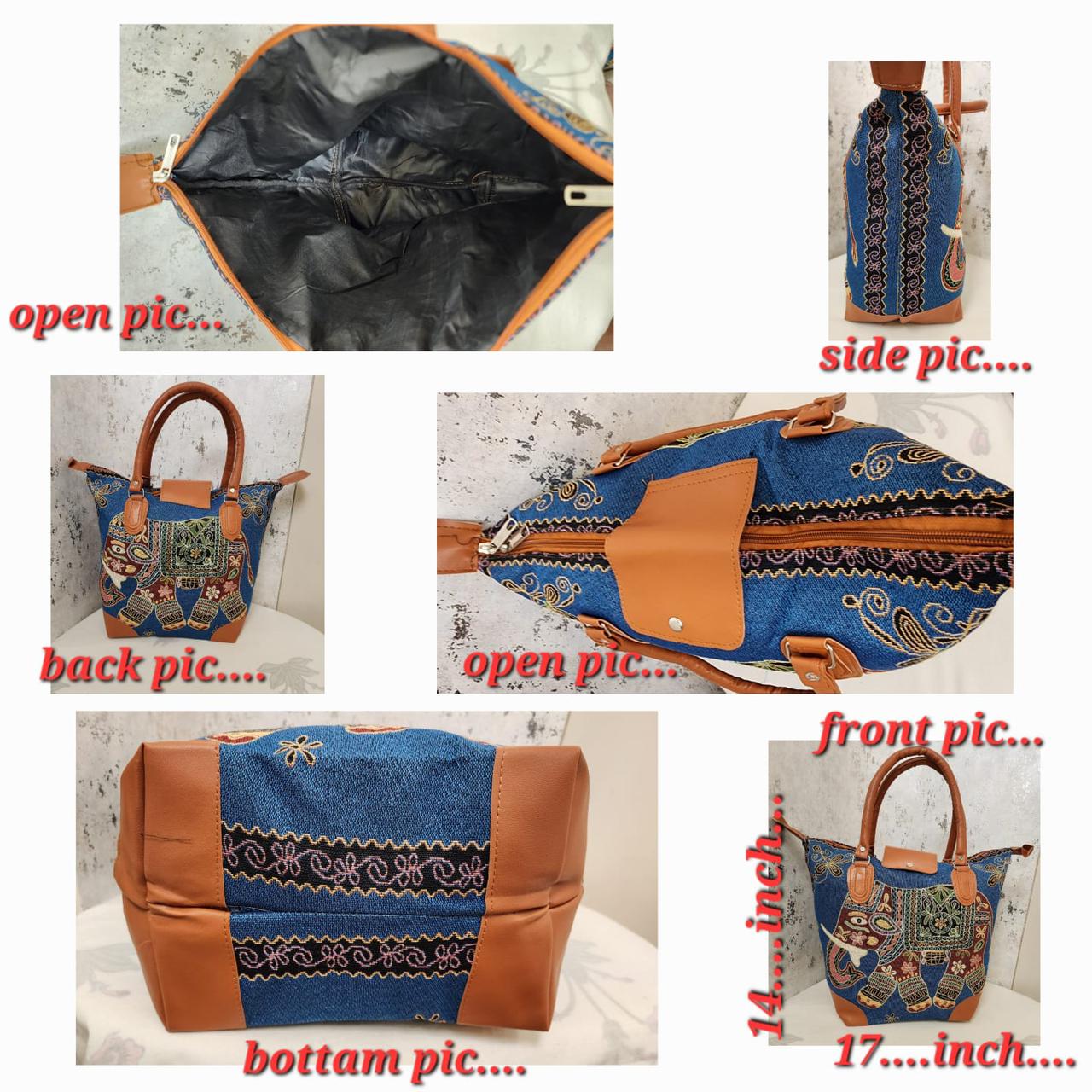 Collage of TRENDBUY blue elephant print tote bag showing various angles: open interior, side profile, back view, top view, bottom, and size dimensions of 14x17 inches.