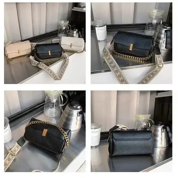 Collage of four images showing TRENDBUY sling bags in black, beige, and white from various angles, emphasizing their design versatility.