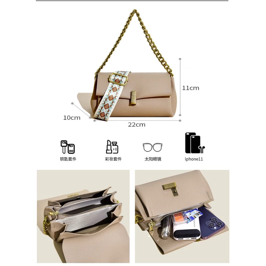 Infographic displaying dimensions (22cm width, 10cm height) of the beige TRENDBUY sling bag, alongside icons for essential items like a phone, keys, and makeup.