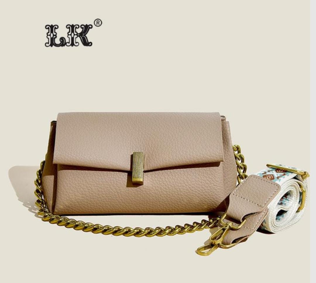 Beige TRENDBUY sling bag with the 'LK®' logo, showcasing its front flap design and the detachable broad patterned strap.