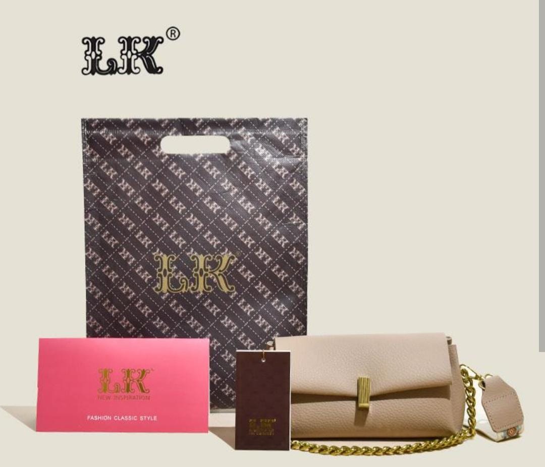 Beige TRENDBUY sling bag presented with branded 'LK®' packaging, including a shopping bag and a product card, indicating premium presentation.