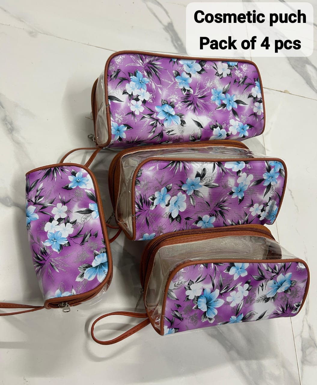 TRENDBUY 4-piece multi-purpose storage pouches with purple floral design and brown trim.