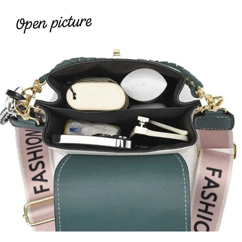 Interior view of the TRENDBUY teal and white broad belt sling bag, showing multiple compartments organized with small items.