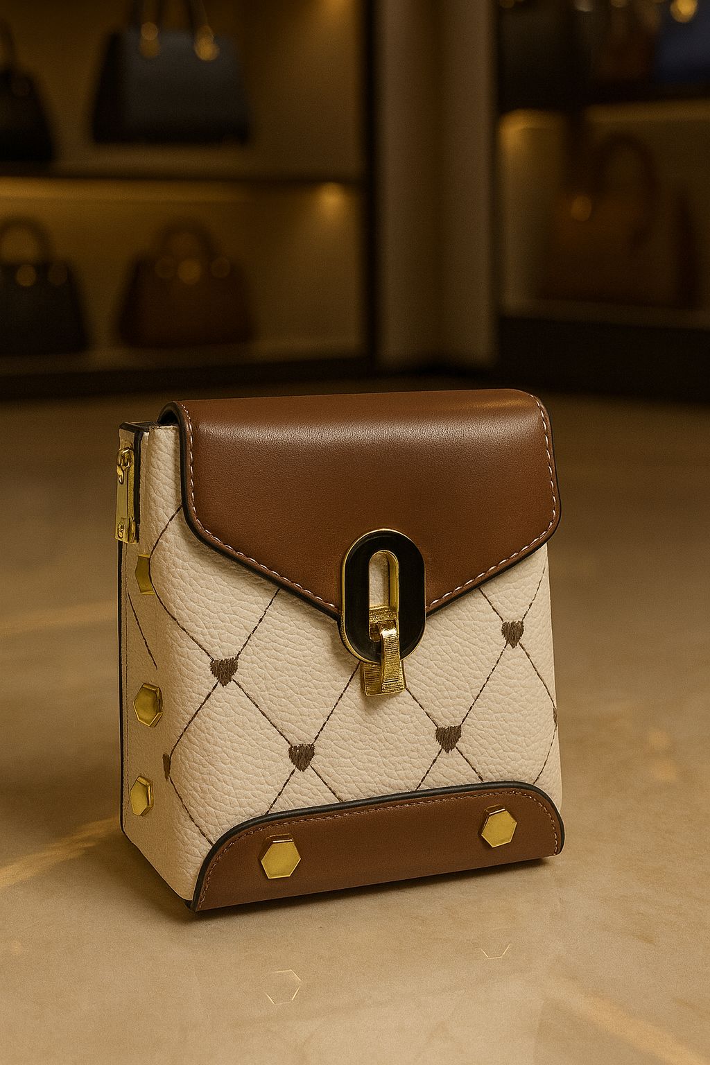 Studio shot of the TRENDBUY brown and white broad belt sling bag, highlighting its textured PU leather, gold hardware, and precise stitching.