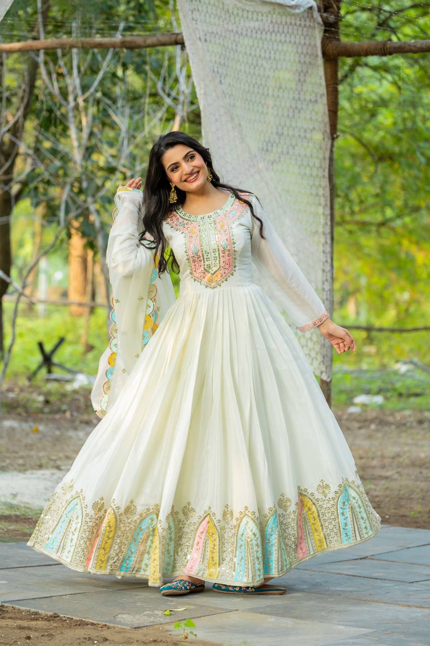 White Color Heavy Chinon Silk Embroidery Gown
