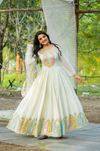 White Color Heavy Chinon Silk Embroidery Gown | TRENDBUY