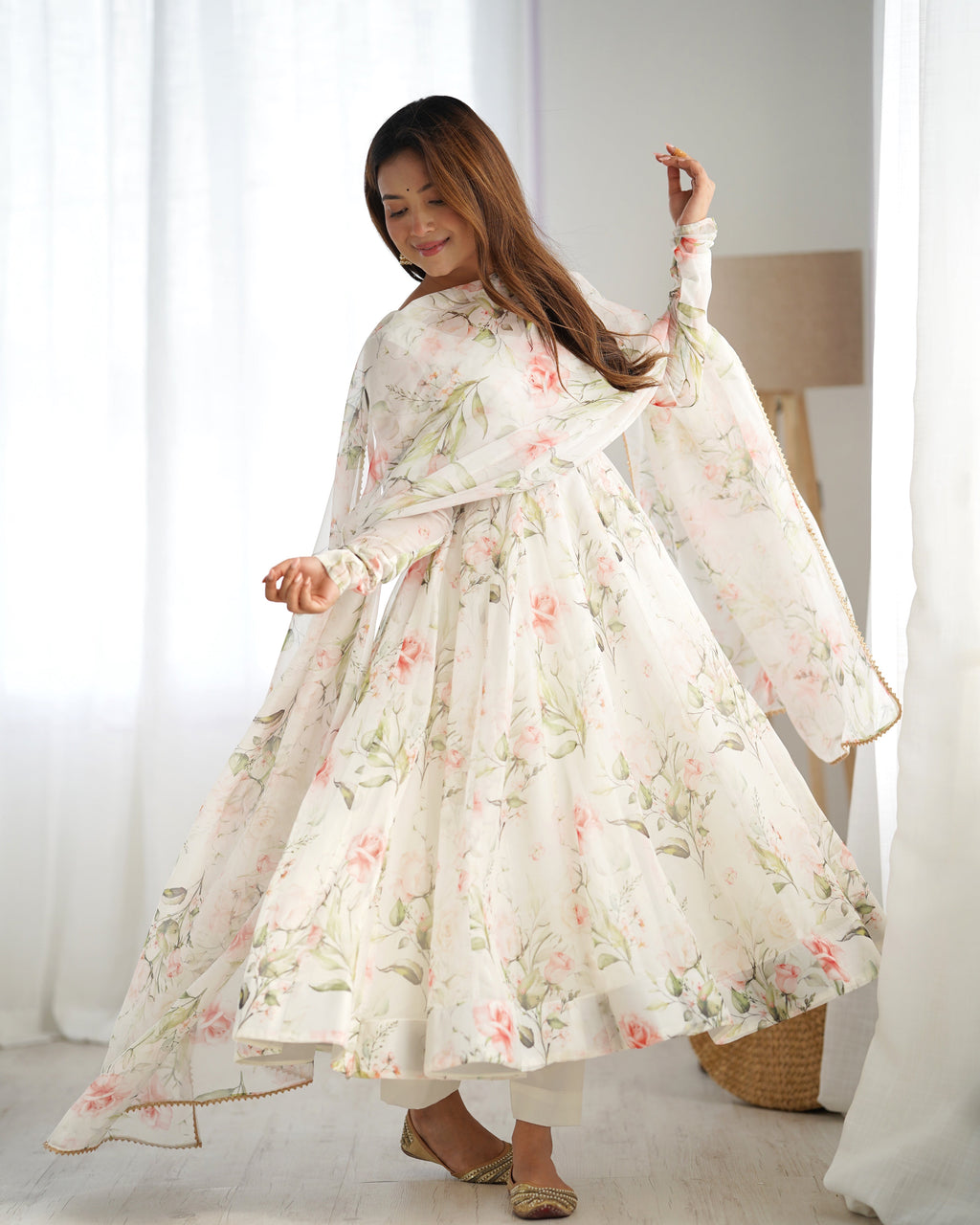 White pure soft organza three-piece Anarkali suit