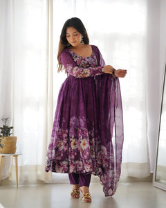 Wine Anarkali Floral Gown with Duppatta and Pant | TRENDBUY