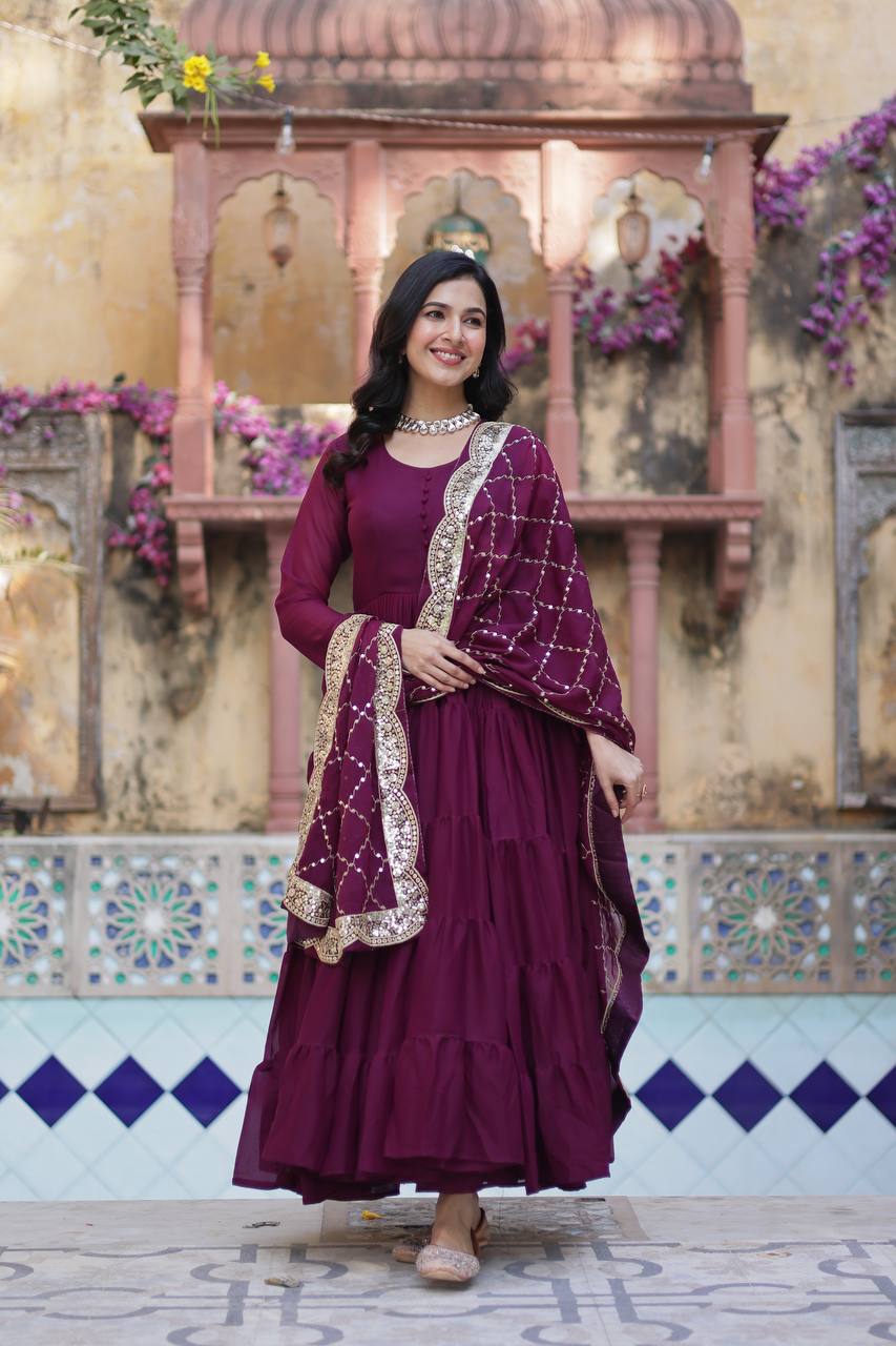 Wine Georgette Flair Gown
