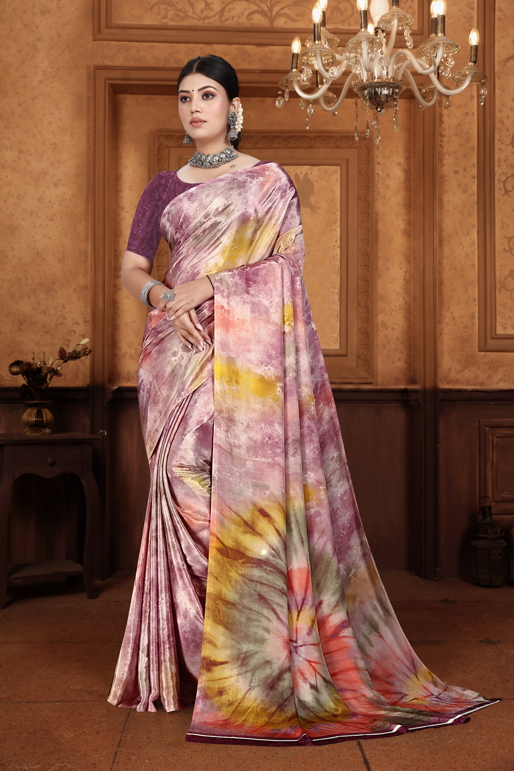 Elegant wine crepe silk saree with matching blouse piece