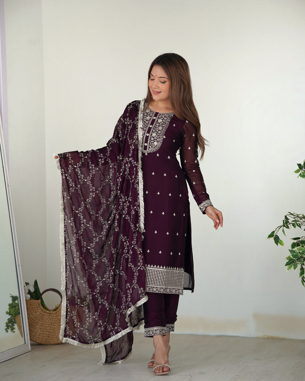 Wine embroidered blooming Rangoli silk kurta set