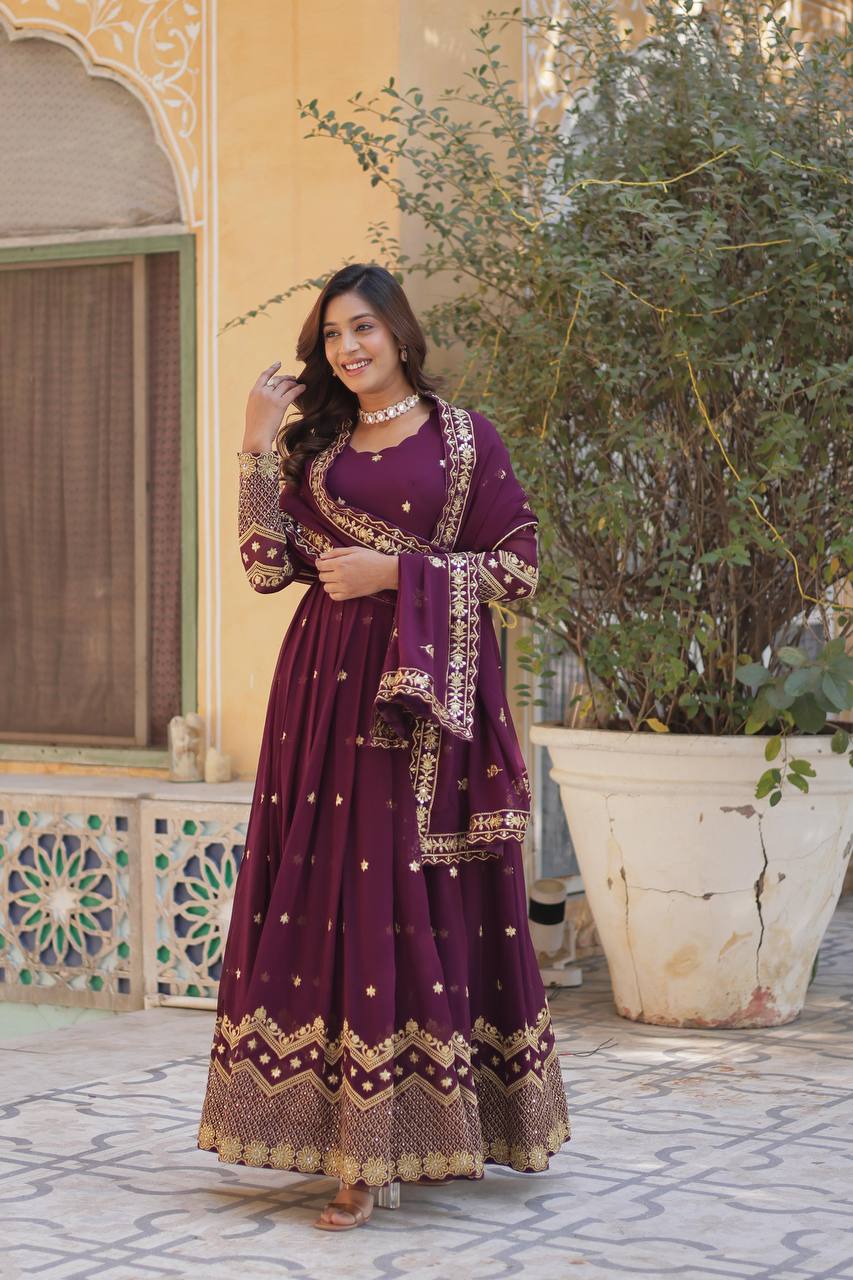 Wine Faux Blooming Georgette Readymade Gown with Dupatta