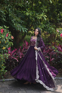 Wine Faux Blooming Sequin Gown with Duppatta | TRENDBUY