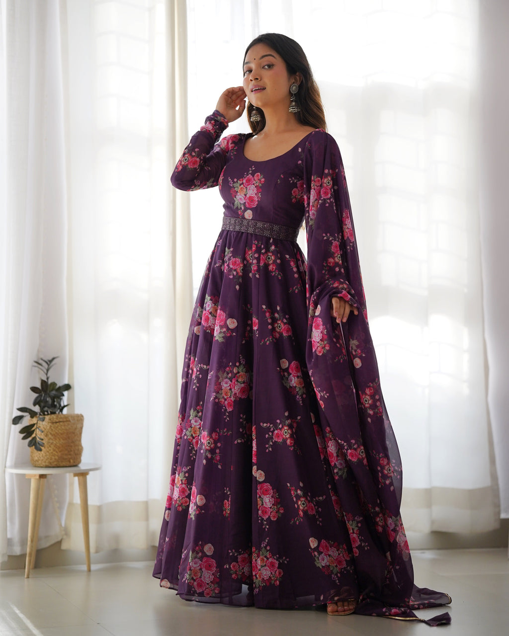 Wine Floral Anarkali Gown with Lucknowi Belt
