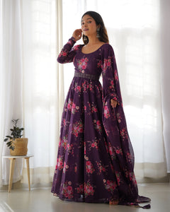 Wine Floral Anarkali Gown with Lucknowi Belt | TRENDBUY