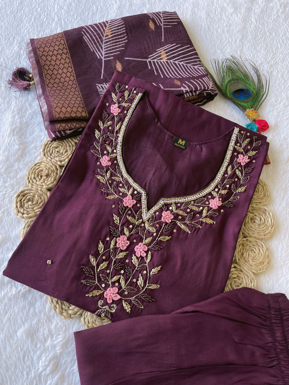 Women's wine handwork kurti pant and dupatta set