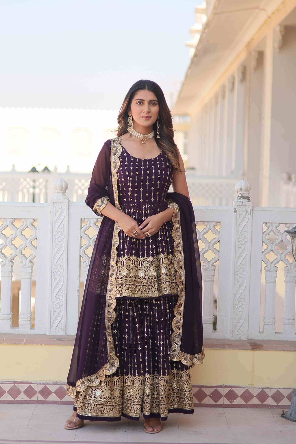 Wine Kurti Gharara with Duppatta set worn by model