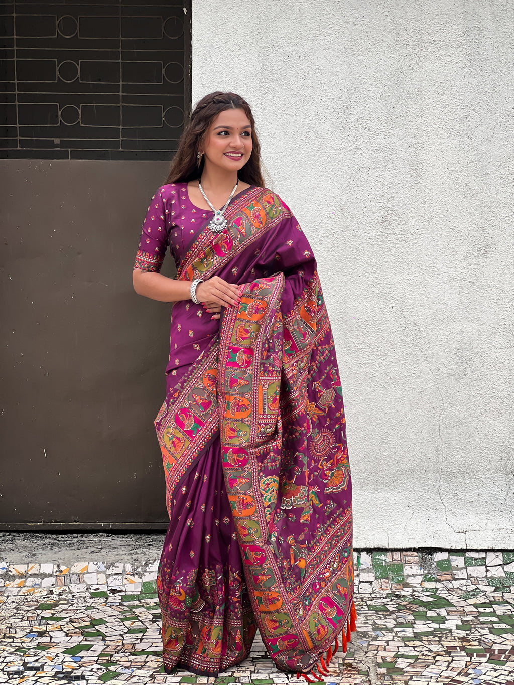 Draped Wine Pashmina Kashmiri Silk Zari Woven Saree