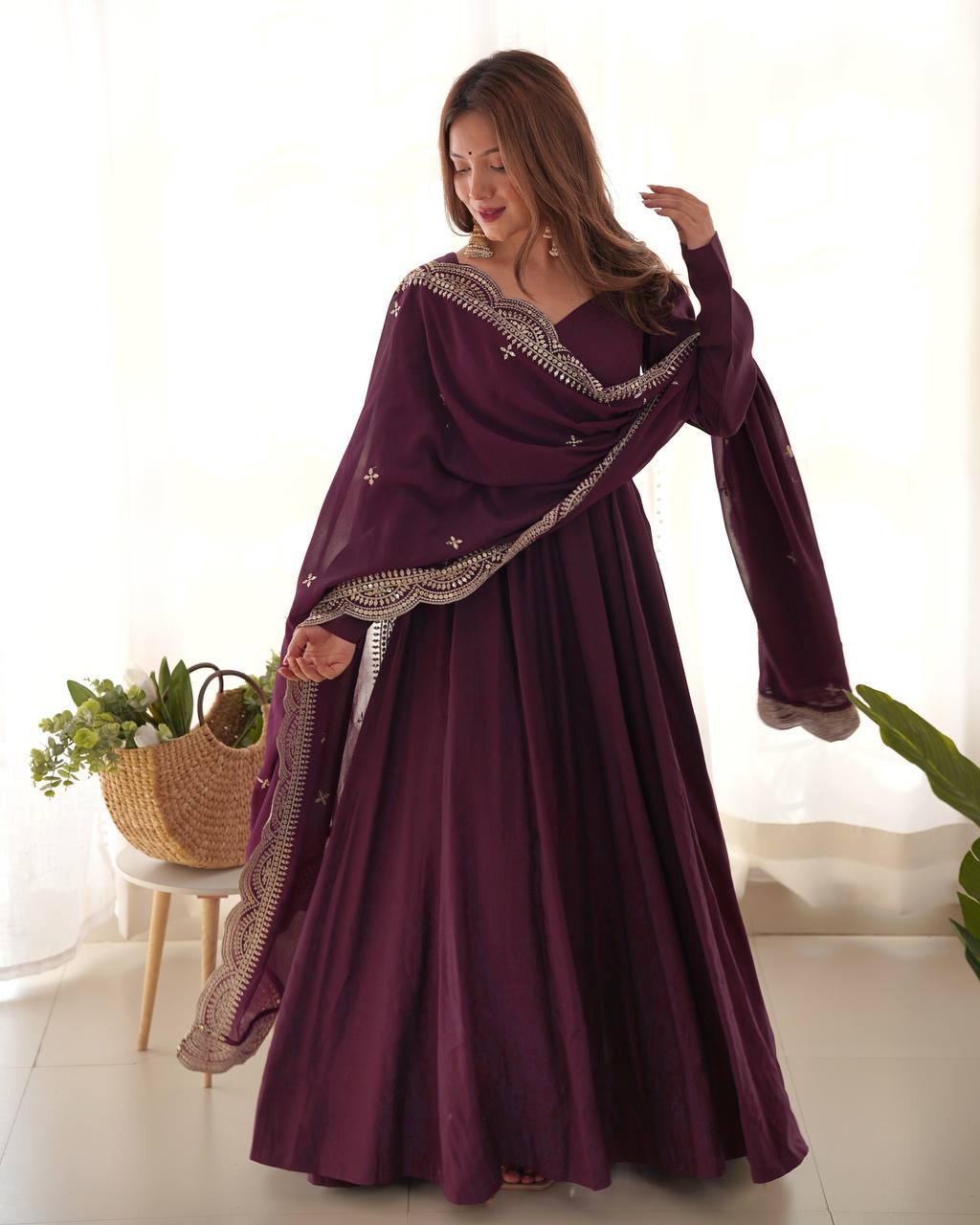 Wine Pure Roman Silk Chanderi Anarkali Gown