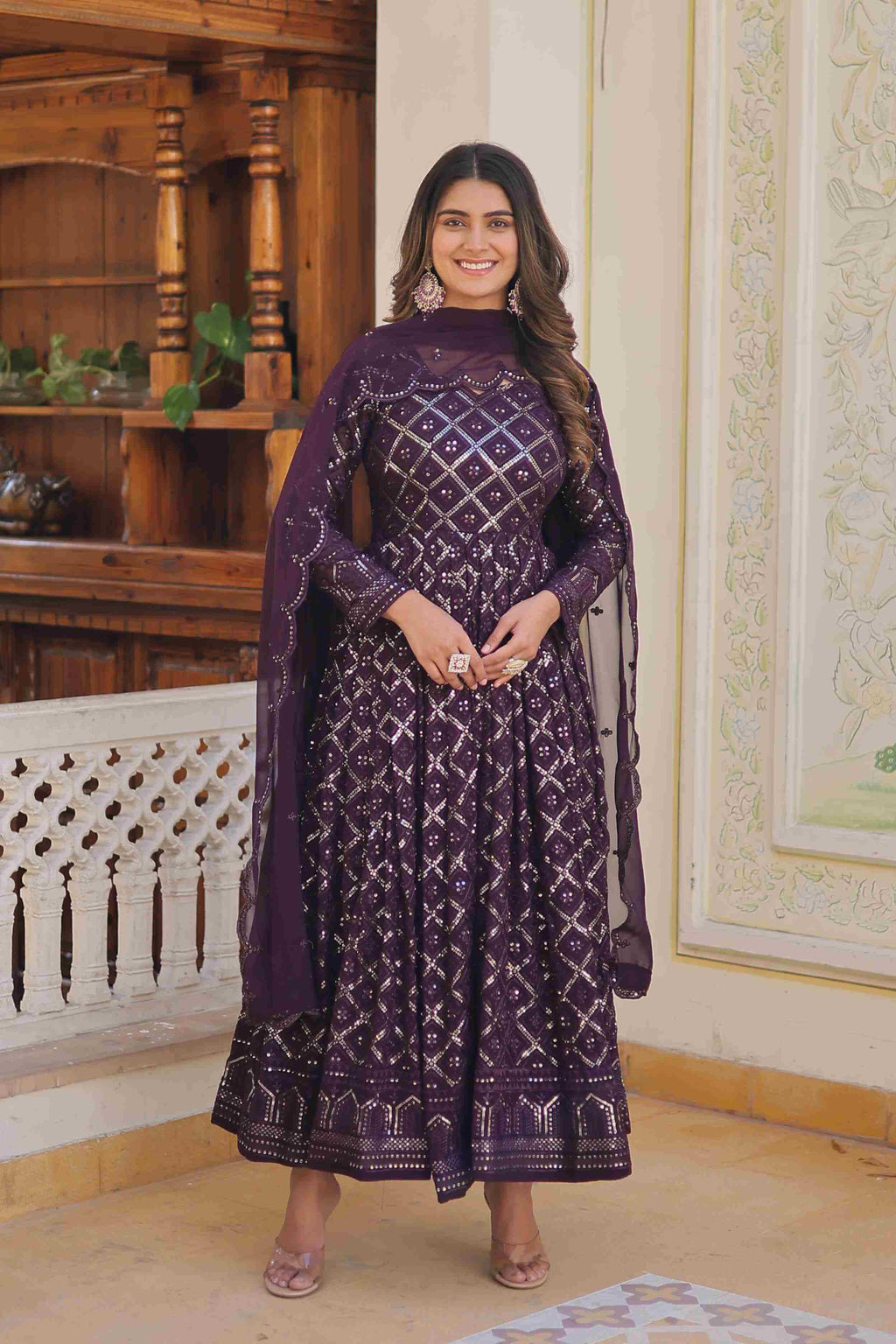 Elegant wine sequence work gown with a beautiful matching dupatta