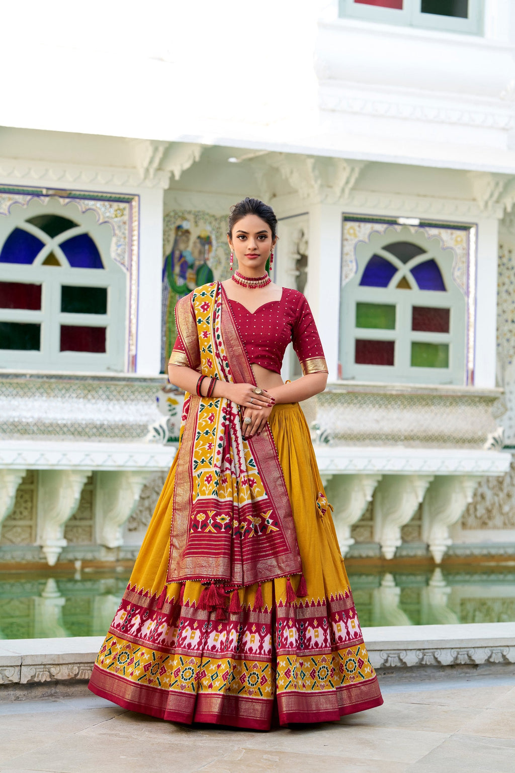 Winsome Mustard Patola Print Tussar Silk Traditional Lehenga Choli