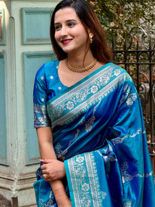 Premium Handcrafted Banarasi Soft Silk Saree with Elegant Silver Zari Jaal Weaving