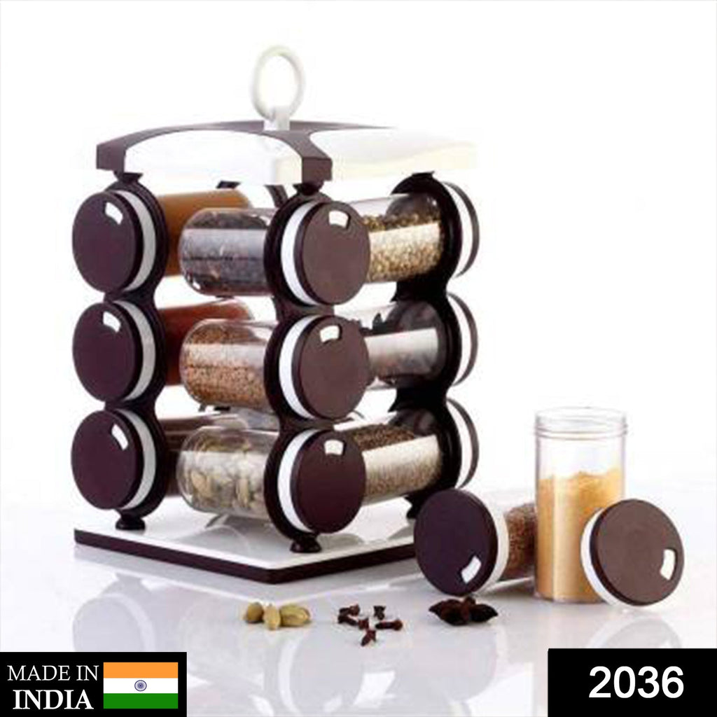 12-piece food grade plastic spice jar set with shaker lids in brown packaging.